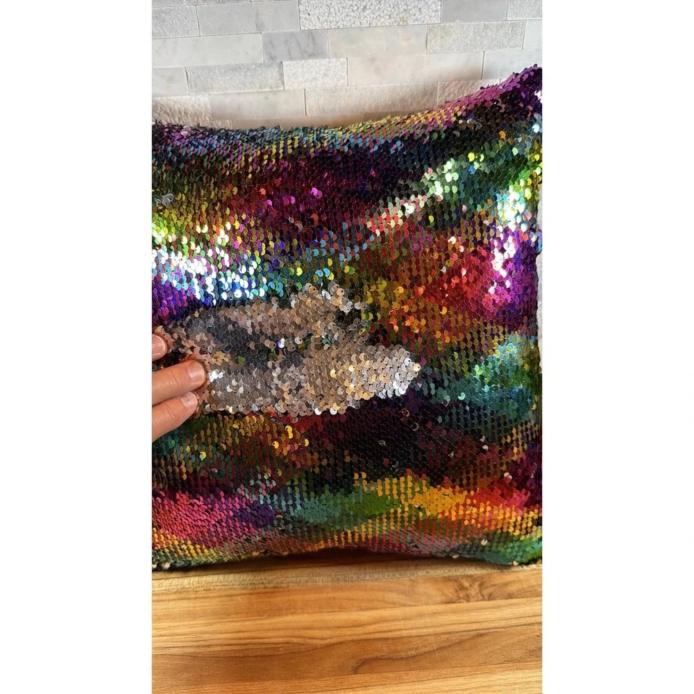 Rainbow Mermaid Flip Sequin Throw Pillow Reversible Silver Black‎ Accent Cushion